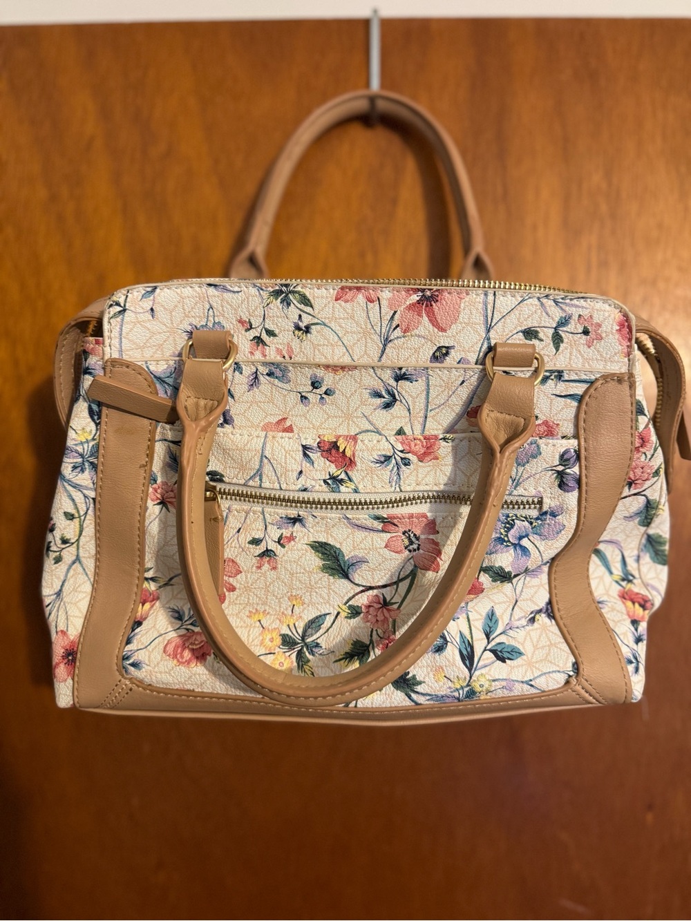 Floral Print Satchel Handbag in Beige - Picture 3 of 12